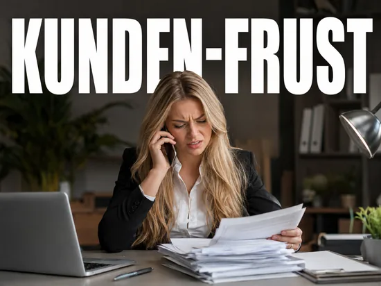 Frustrierte blonde Frau am Telefon mit Versicherungsunterlagen, Symbolbild Kundenfrust