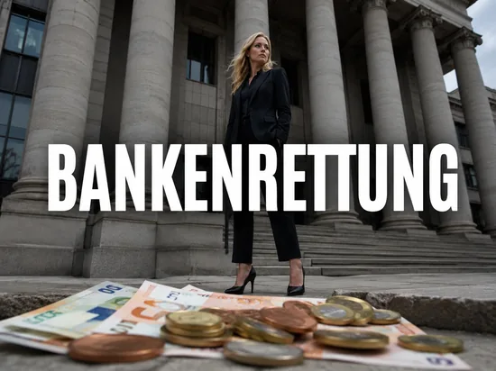 Ernste blonde Geschaeftsfrau vor klassischem Bankgebaeude mit Saeulen und Euro-Geld, Symbolbild staatliche Rettungsuebernahme einer Bank