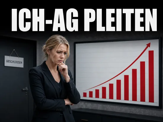 Dramatischer Anstieg gescheiterter Ich-AGs, besorgte Geschäftsfrau vor rot steigendem Pleiten-Chart und Geschlossen-Schild