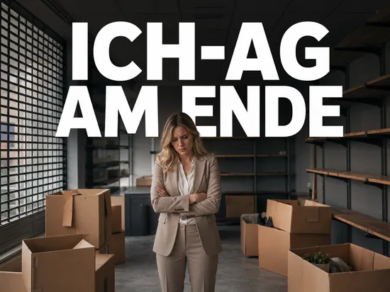 Ich-AG als Reinfall, gescheiterte Jungunternehmerin in leerem Geschäft mit Umzugskartons