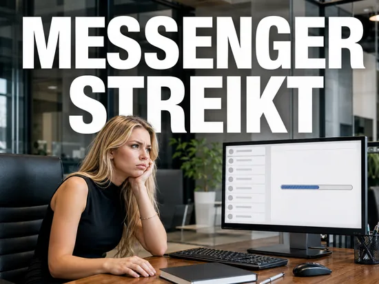 Blonde Frau wartet genervt vor Monitor mit ladendem Messenger und leerer Kontaktliste, Schriftzug Messenger streikt