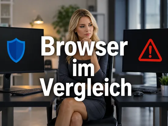 Geschaeftsfrau zwischen zwei Monitoren mit blauem Schutzschild und rotem Warndreieck als Symbol fuer den Sicherheitsvergleich zweier Browser