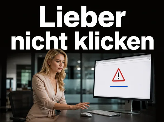 Vorsichtige Geschaeftsfrau vor einem Monitor mit Warnsymbol ueber einem Link als Symbol fuer die Microsoft-Empfehlung, keine Links mehr anzuklicken