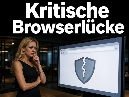 Besorgte Geschaeftsfrau vor einem Monitor mit zerbrochenem Schutzschild im Browserfenster als Symbol fuer kritische Fehler im Internet Explorer