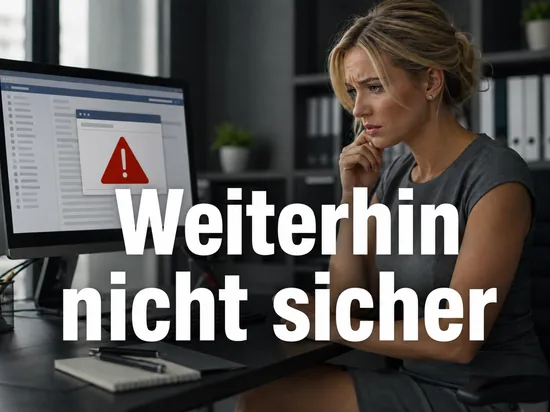 Besorgte Geschaeftsfrau vor einem Monitor mit E-Mail-Programm und rotem Warndreieck als Symbol fuer weiterhin bestehende Sicherheitsluecken in Browser und Mailprogramm