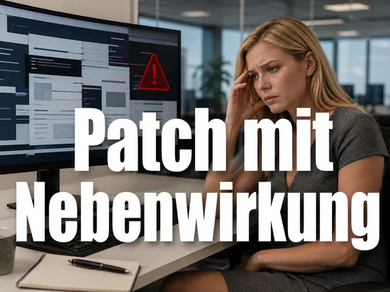 Besorgte Geschaeftsfrau vor Monitor mit fehlerhaft dargestellter Webseite und rotem Warndreieck als Symbol fuer Browser-Patches mit Darstellungsproblemen