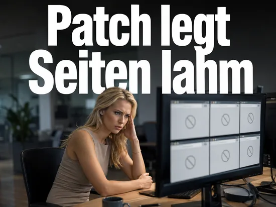 Genervte Geschaeftsfrau vor einem Monitor mit mehreren blockierten Webseiten als Symbol fuer den Internet-Explorer-Patch, der Webseiten lahmlegt