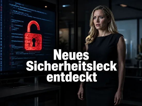 Alarmierte Geschaeftsfrau vor einem Monitor mit geoeffnetem rotem Vorhaengeschloss und Programmcode als Symbol fuer eine gefaehrliche Sicherheitsluecke im Browser