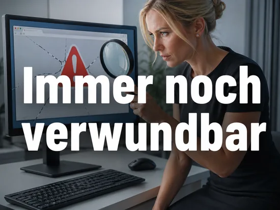 Geschaeftsfrau mit Lupe vor einem Monitor mit gesprungenem Browserfenster und rotem Warnsymbol als Symbol fuer eine weiterhin bestehende Browser-Schwachstelle