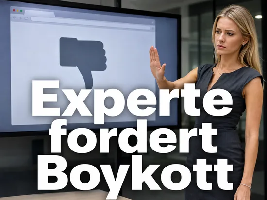 Geschaeftsfrau hebt abwehrend die Hand vor einem Monitor mit Browserfenster und Daumen-nach-unten-Symbol als Symbol fuer die Forderung nach einem Browser-Boykott