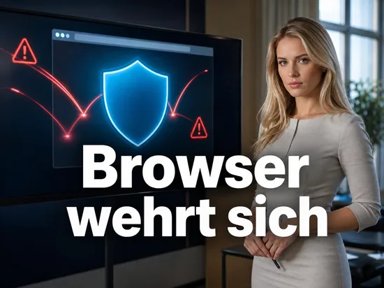 Geschaeftsfrau neben einem Monitor mit Browserfenster, blauem Schutzschild und abprallenden Warnsymbolen als Symbol fuer einen selbstverteidigenden Browser