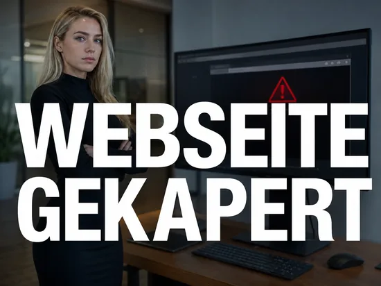 Blonde Frau vor Monitor mit veraenderter Webseite und rotem Warndreieck, Schriftzug Webseite gekapert