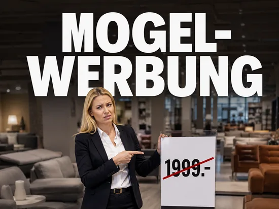Möbelhaus gesteht irreführende Werbung, skeptische Geschäftsfrau im Einrichtungshaus mit durchgestrichenem Preisschild