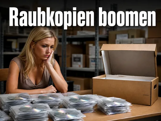 Frau vor Stapeln unbeschrifteter DVD-Rohlinge in einem Lager: illegale Kopien boomen