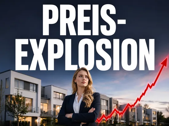 Blonde Geschaeftsfrau vor Wohnhaeusern und steigendem Kurs, Symbolbild Preis-Explosion am Immobilienmarkt
