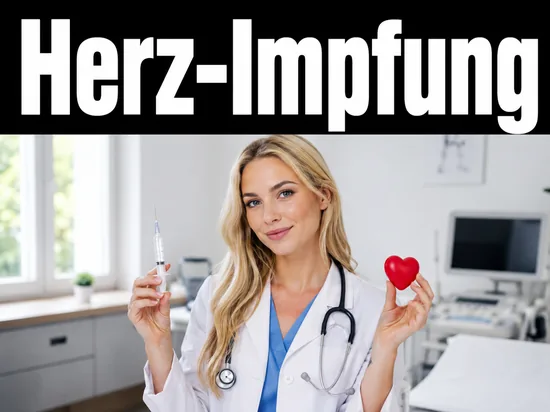 Junge blonde Aerztin haelt eine Spritze und ein rotes Herz als Symbol fuer eine moegliche Impfung gegen Herzinfarkt