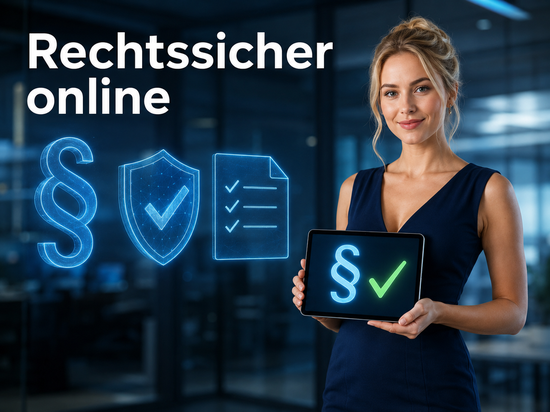 Blonde Frau im dunkelblauen Kleid hält ein Tablet mit Paragrafensymbol und Haken, daneben Schutzschild und Dokument