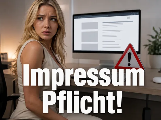 Frau vor einem Monitor mit einer Impressum-Seite und einem Warnsymbol