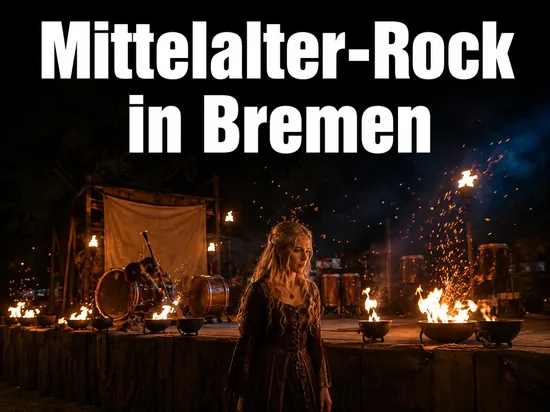 Frau vor einer Mittelalter-Buehne mit Feuerschalen und Trommeln, Schriftzug Mittelalter-Rock in Bremen