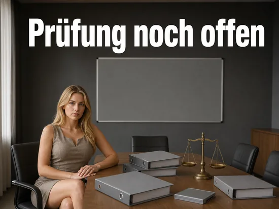 Sitzungszimmer mit Aktenordnern, Waage und grauer Spielhuelle
