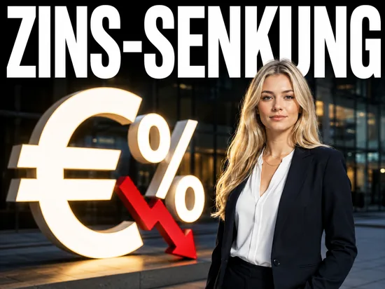 Blonde Geschaeftsfrau vor Euro- und Prozent-Symbol mit fallendem Pfeil, Symbolbild Zinssenkung