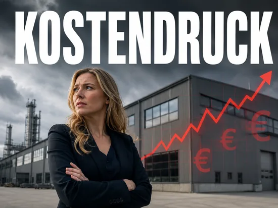 Besorgte blonde Geschaeftsfrau vor Fabrikhalle mit steigendem rotem Kursdiagramm und Euro-Zeichen, Symbolbild Kostendruck durch Inflation und Rohstoffpreise