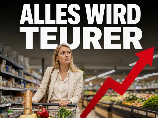 Inflation auf Höchststand, besorgte Geschäftsfrau mit Einkaufswagen im Supermarkt und rotem Aufwärtspfeil