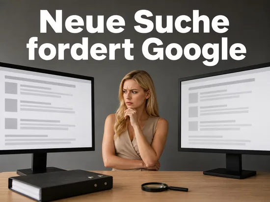 Frau zwischen zwei Monitoren mit Trefferlisten und Lupe, Schriftzug Neue Suche fordert Google