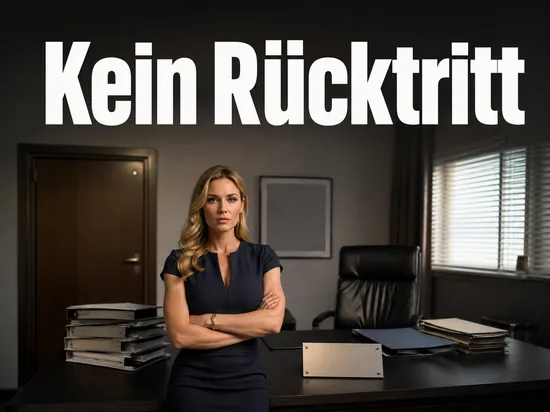 Frau steht mit verschraenkten Armen vor einem Schreibtisch in einem Ministerbuero