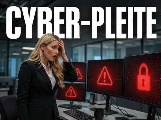 Blonde Geschaeftsfrau vor Bildschirmen mit Warnsymbolen, Symbolbild Insolvenz nach Cyberangriff