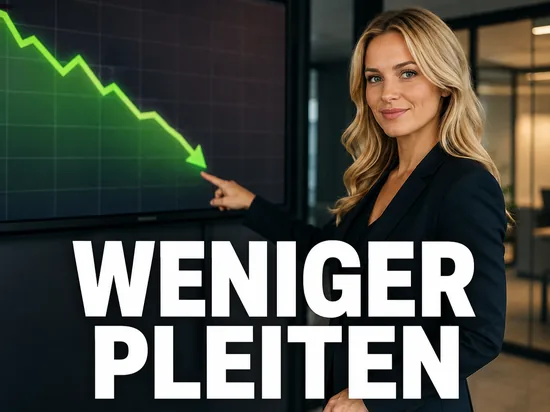 Zuversichtliche Geschäftsfrau zeigt auf einen Bildschirm mit einer grünen fallenden Kurve, Symbolbild für die rückläufigen Firmeninsolvenzen in Deutschland