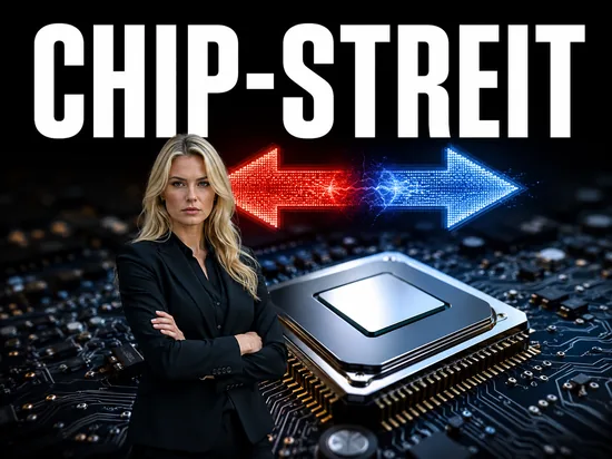 Ernste blonde Geschaeftsfrau vor grossem Prozessor-Chip mit zwei gegeneinander gerichteten Pfeilen, Symbolbild Streit zweier Technologiekonzerne um Prozessor-Werbung