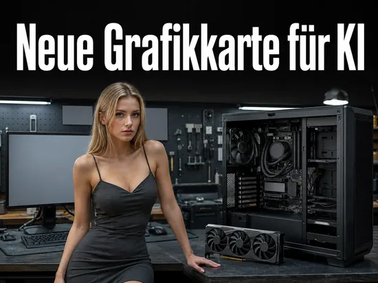 Frau in einer PC-Werkstatt mit Grafikkarte und offenem Computergehäuse