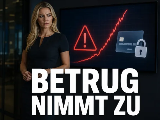 Blonde Geschaeftsfrau blickt besorgt auf einen Monitor mit Warnsymbol und leerer Paketbox, Schriftzug Betrug im Netz