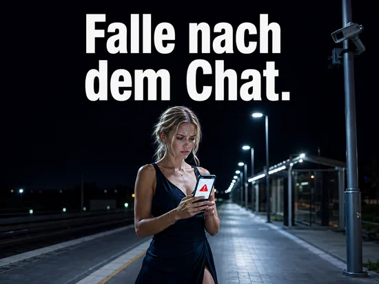 Frau nachts am leeren Bahnsteig mit Warnhinweis auf dem Smartphone: zwei Frauen nach Internet-Dating ueberfallen