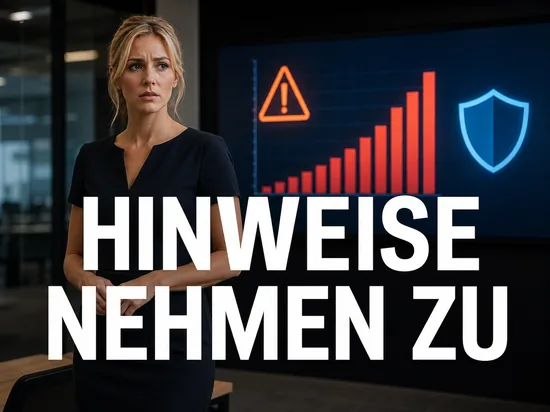 Blonde Geschäftsfrau vor Bildschirm mit Warndreieck und stark steigender Balkenkurve als Symbol für die Zunahme von Hinweisen auf Internet-Missbrauch