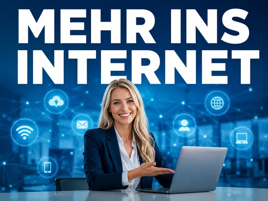 Appell für mehr Internetnutzung, freundliche Geschäftsfrau am Laptop mit digitalen Symbolen