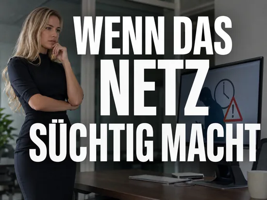 Blonde Frau blickt nachdenklich auf Monitor mit Personensilhouette, Uhr und Warndreieck, Schriftzug Wenn das Netz suechtig macht