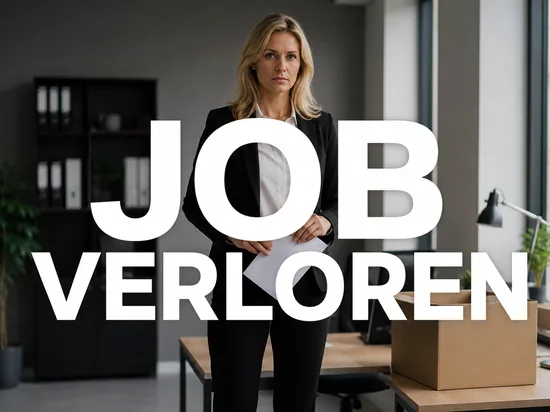 Blonde Geschaeftsfrau steht mit Kuendigungsschreiben neben einem Umzugskarton im Buero, Schriftzug Job verloren