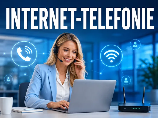 Internet-Telefonie soll Massenmarkt werden, freundliche Geschäftsfrau mit Headset vor DSL-Router und Netzwerk-Symbolen