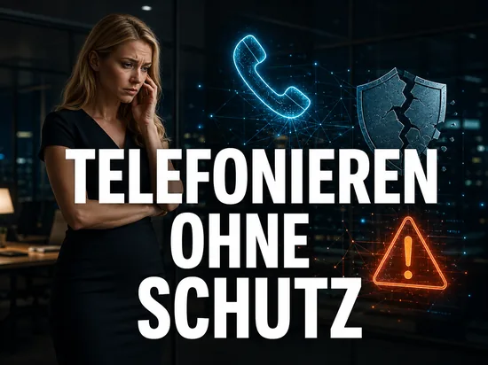 Besorgte blonde Geschäftsfrau vor leuchtendem Telefonhörer-Symbol mit zerbrochenem Schutzschild und Warndreieck als Symbol für Sicherheitsmängel bei Internet-Telefonie