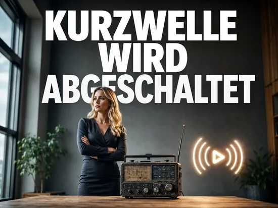Blonde Geschäftsfrau neben einem alten Kurzwellenradio mit leuchtendem Streaming-Symbol als Symbol für die Abschaltung der Kurzwelle zugunsten des Internets