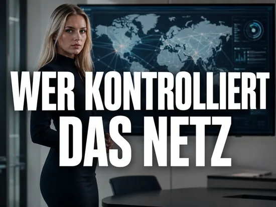 Blonde Geschaeftsfrau vor Bildschirm mit Weltkarte und Netzwerklinien, Schriftzug Wer kontrolliert das Netz