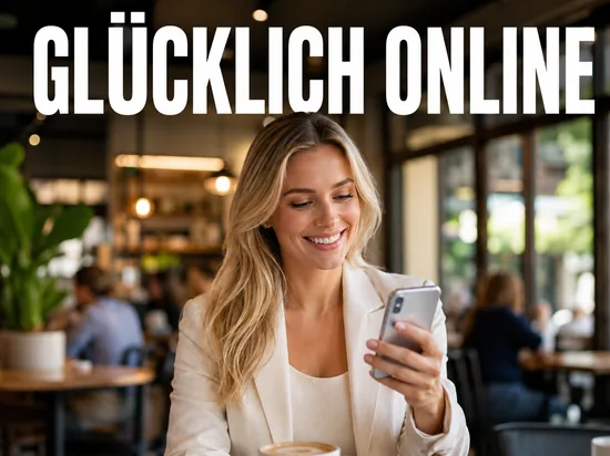 Blonde Geschaeftsfrau laechelt zufrieden auf ihr Smartphone in einem hellen Cafe, Schriftzug Gluecklich online