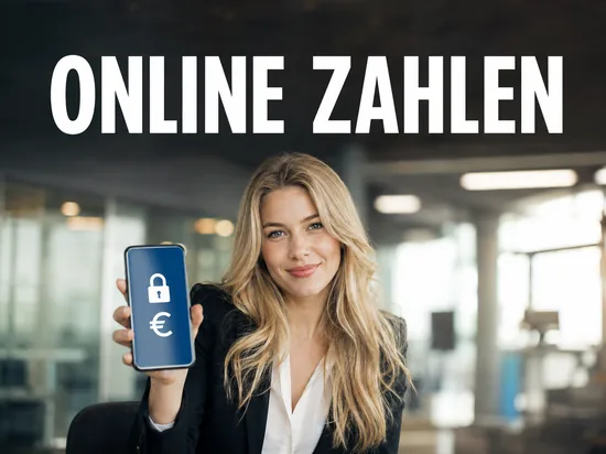 Blonde Geschaeftsfrau haelt Smartphone mit Online-Banking-Bezahlseite Schloss und Euro-Symbol, Schriftzug Online zahlen