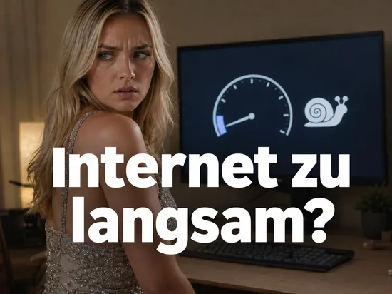 Frau vor einem Monitor mit einem langsamen Speedtest