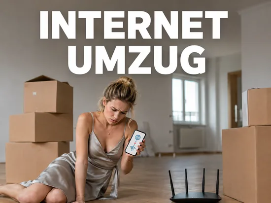 Internetanschluss beim Umzug: Frau zwischen Umzugskartons prüft ihr Smartphone neben einem Router