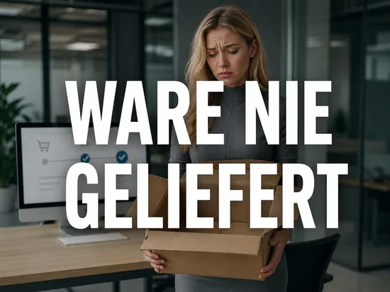 Blonde Geschaeftsfrau haelt enttaeuscht einen leeren Versandkarton vor Monitor mit Bestellbestaetigung, Schriftzug Ware nie geliefert