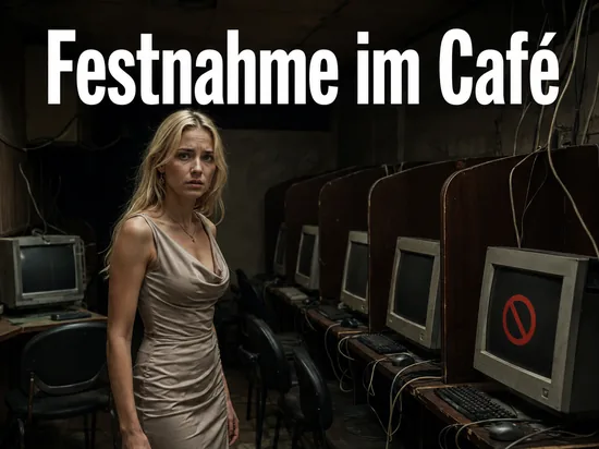 Frau in einem verlassenen Internetcafe mit altem Monitor und Verbotssymbol: Betreiber einer illegalen Website im Internetcafe gefasst