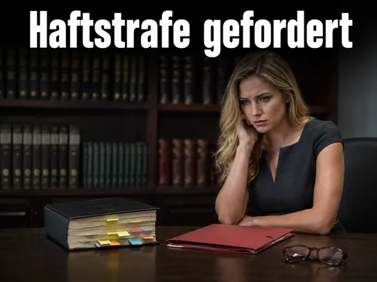 Frau am Arbeitsplatz einer Staatsanwaltschaft mit Gesetzbuch und Aktenmappe: Haftstrafe gefordert